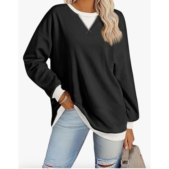 NEW~ Crewneck Oversized Sweatshirt Color Block Sweatshirt Pullover Y2K L - Picture 1 of 4
